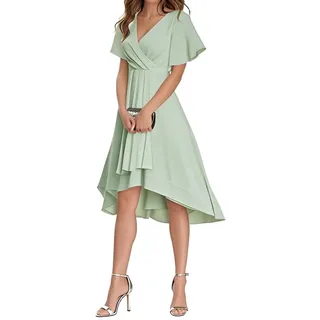 sliemxm Abendkleider V Ausschnitt Rüschenärmel Knielanges Abendkleid Hohe Taille A-Linie Brautjungfernkleid High Low Festliche Kleider Elegant für Hochzeit Party Kleider - XXL