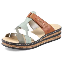 Pantolette RIEKER, Damen, Gr. 37, bunt (multi), Lederimitat, elegant, Schuhe Pantolette, Keilabsatz, Sommerschuh, Schlappen mit praktischem Klettriemchen, Topseller