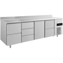 Gastro Kühltisch 2 Schubladen links&rechts 3 Schubladen Mitte 1 Tür Mitte, Aufkantung, Umluftkühlung 2330x700x850mm -2/+8°C