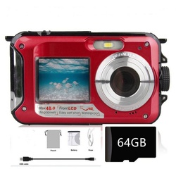 autolock Digitalkamera Fotokamera 2.7K Full HD 48MP 16X Digitalzoom Kompaktkamera (Wiederaufladbare Unterwasserkamera mit Karte für Schnorcheln) rot