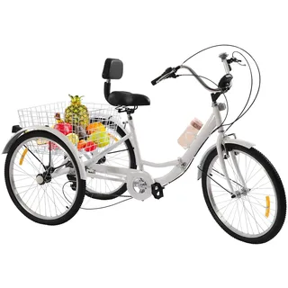 Brride 24 Zoll Dreirad für Erwachsene, Faltable Dreirad 7 Gang Klappdreirad mit Einkaufskorb und Licht, Senioren Dreirad, Sicher und Stabil Dreirad Erwachsene für Reisen, Einkaufen (weiß)