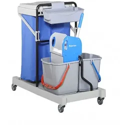 CleanSV Elite PE Grau Reingungswagen / Putzwagen, Moppresse, 2 Eimer 18 Liter, Müllsackhalter mit Trennung,