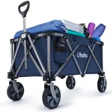 Ohuhu XL Bollerwagen Faltbar 145L 180kg Belastbarkeit, klappbar Strandwagen Gartenwagen Gerätewagen mit Seitentasche für All-Terrain, Kein Zusammenbau erforderlich, Verstellbarer Handgriff, Blau