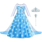 ACWOO LED Leuchtend Prinzessin Elsa Kleid, Elsa Kostüm Mädchen, Elsa Kleid Kinder Set mit Krone Zauberstab, Elsa Kostüm Accessoires für Weihnachten Verkleidung Karneval Halloween