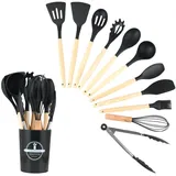 Wenrescry 12-teiliges Silikon Küchenutensilien Set, Hitzebeständig, Antihaftbeschichtet, Spülmaschinenfest, Ergonomisch, Lebensmittelecht, Mit Utensilienhalter, Schwarz: Komplettes Küchenhelfer Set