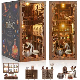 Book Nook Kit - Puppenhaus Bausatz mit LED-Beleuchtung, Magische Nacht Thema Buch Nook Kits, 3D Holz Bücherregal Puzzle Booknook einfügen Dekor Handwerk für Erwachsene Teenager Geschenke