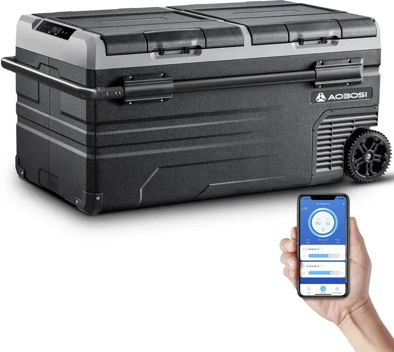 AAOBOSI 95L Kompressor Kühlbox Dual Zone, Auto Kühlbox mit WiFi App-Steuerung & USB-Anschluss, 12/24V DC & 100–240V AC, -20 °C bis 20 °C, Doppel-Tür Kühlbox für Auto, LKW, Boot, Wohnmobil & Camping