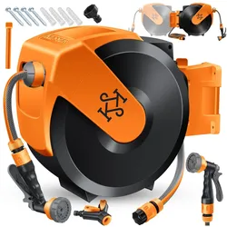 KESSER® Schlauchtrommel mit Gartenschlauch   Wasserschlauchtrommel zur Wandmontage   Wandhalterung   180° schwenkbar & automatische Aufrollung   Wand-Schlauchbox inkl. 7-Funktionen Handbrause