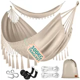 Kesser Hängematte 320x150 cm belastbar bis 300 kg, wetterfeste & atmungsaktive Tuchhängematte mit Fransen für 1-2 Personen – Ideal für Camping, Garten & Outdoor, inkl. Beutel, Seile & Gurte