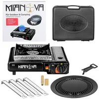 Mianova Camping-Gasgrill Campingkocher 1 flammig Set Outdoor Gaskocher Notfallkocher Gas Kocher, 2 in 1 LPG-Anschluss, Grillplatte, Koffer, Windschutz Optional mit Gas, BBQ Grill Tisch Herd Gasgrill für Gaskartuschen Kartuschen Gasflasche schwarz
