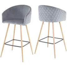 Mendler 2er-Set Barhocker HWC-D72, Barstuhl Tresenhocker Küchenhocker mit Lehne, Metall Holzoptik ~ Samt, grau