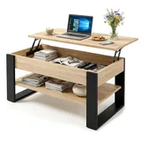 TREND WERK Couchtisch Lift-Couchtisch höhenverstellbar Sofatisch 92×54 cm mit Stauraum, verstecktem Fach Wohnzimmertisch Holz modern beige|schwarz