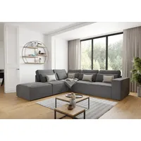 s-style möbel - Margarete - Modulare Ecksofa in Grau Samt-Stoff mit Rücken und Lendenkissen, B/T/H: 305 cm / 281 cm / 90 cm, Ottomane links - Grau