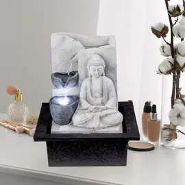 GLOBO Tischbrunnen mit Pumpe Springbrunnen mit LED Beleuchtung Buddha Design Zimmerbrunnen grau Dekoration, LxBxH 21x18,5x25,5 cm