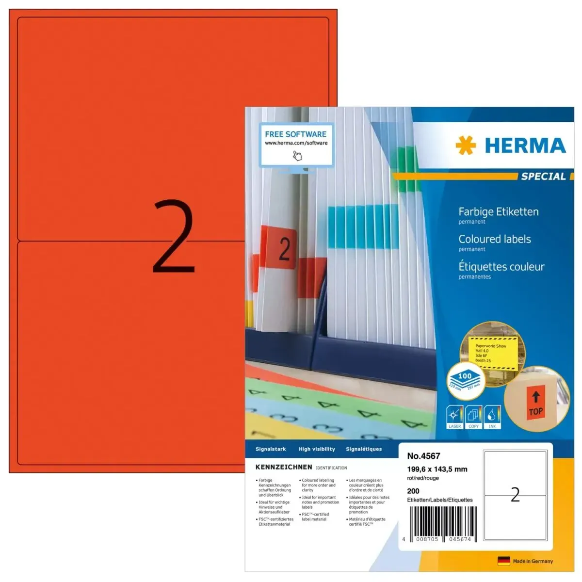 HERMA 4567 selbstklebendes Etikett Rechteck Rot 200 Stück(e)