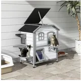 PawHut Katzenhaus aus Holz 2-etagen Winterfest wasserdicht Katzenhütte mit Asphaltdach klappbarem Deckel Treppe Katzenhöhle Outdoor Schutzhütte für Draußen Garten Balkon 99,5 x 55,5 x 91 cm Weiß