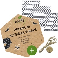 ecolly Bienenwachstücher 3er-Set (S, M, L), Bienenwachspapier, Beeswax Wrap, Plastikfrei & wiederverwendbar, OHNE Jojobaöl, inklusive Knopf & Baumwollfaden - Honeycombs