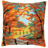 Vervaco Kreuzstich Stickpackungen Kissen Stickerei Set Anfänger Vorgedruckt Herbstlandschaft DIY Set Kreativ Set Für Erwachsene Dekoratives Kissen ca. 40 x 40 cm Bastelset Handwerker Haus Dekoration