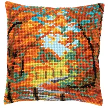 Vervaco Kreuzstich Stickpackungen Kissen Stickerei Set Anfänger Vorgedruckt Herbstlandschaft DIY Set Kreativ Set Für Erwachsene Dekoratives Kissen ca. 40 x 40 cm Bastelset Handwerker Haus Dekoration