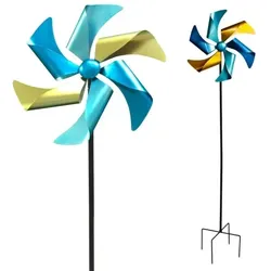 Lex Windrad Windspiel Metall Gartendeko Balkon Terrasse Erdspieß petrol blau gelb : Petrol, Blau, Gelb