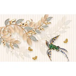 Fototapete PAPERMOON "Muster mit Blumen und Vogel", bunt, B:3,50m L:2,60m, Vlies, Tapeten
