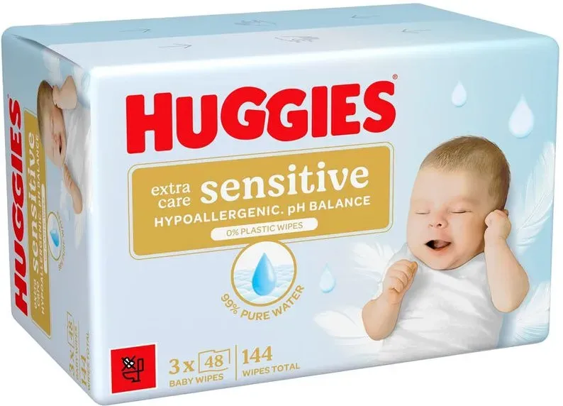 HUGGIES Pure Baby-Feuchttücher, für empfindliche Haut - 4 Packungen à (3x48 Tücher) - 99% Wasser, plastikfrei
