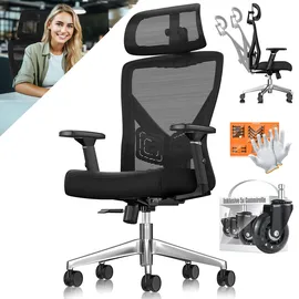 Kesser KESSER® Bürostuhl mit verstellbaren Armlehnen Drehstuhl mit Lendenwirbelstütze Rückenschonend Schreibtischstuhl ergonomisch mit Kopfstütze Office Chair Wippfunktion bis 125° mit 5x Gummirollen