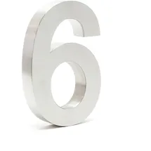 Wiltec Hausnummer 6 silberfarbene Edelstahl Hausnummer in modernem 3d-design, Höhe 20 cm, Schrift Arial, rostfrei und witterungsbeständig, mit Montagematerial