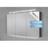 Intarbad Badezimmerspiegelschrank 3-türiger Spiegelschrank mit MULTI LED Acryl Aufsatzleuchte, dimmbar (Doppelspiegeltüren, Holz-/ Lackdekore, Maße von 120 bis 140 cm wählbar, Höhe 70 cm, Glasfachböden, Magnetleiste & Kosmetikspiegel Ø 12 cm) Vormontierte Lieferung, Floatglas, 160 kg Traglast, Made in Germany grau 120 cm x 70 cm x 13,5 cm