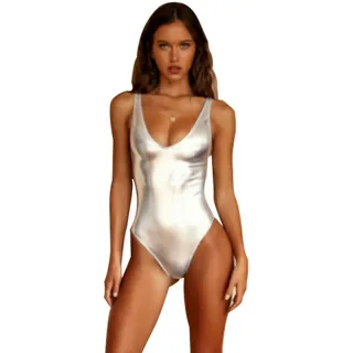 WEITING Damen Cross-Border Sexy Bodysuit Hot Girl Shiny Leather Ins Badeanzug-Silber Weiß-M