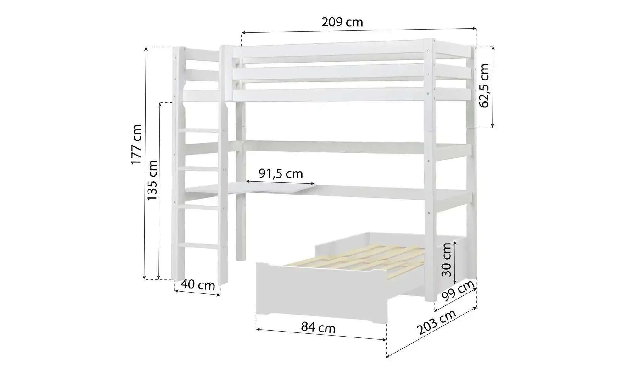 Hoppekids Hochbett  ECO Luxury ¦ weiß ¦ Maße (cm): B: 104 H: 177