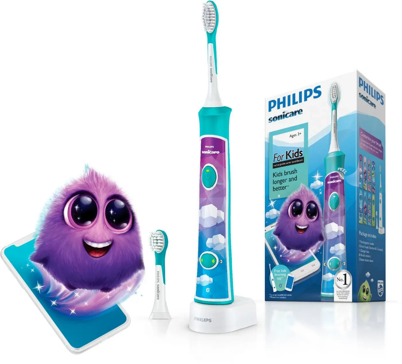 Philips Sonicare Elektrische Kinderzahnbürste HX6322/04, Aufsteckbürsten: 2 St., inkl. 8 Aufkleber blau|bunt