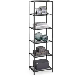 VASAGLE Badregal mit 6 Ablagen, gehärtetes Glas, einfache Montage für Badezimmer, Wohnzimmer, Küche, Büro, Schiefergrau, Schwarze Tinte LGT500G01