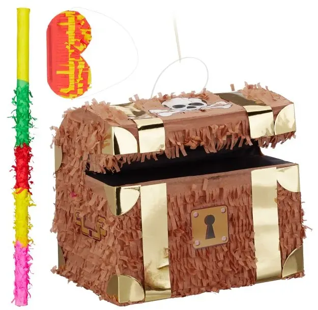 Relaxdays 3-teiliges Pinata Set Schatzkiste Braun,Gelb,Gold