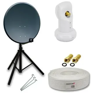 PremiumX Camping mobile Satelliten-Komplettanlage 45cm Satellitenschüssel SAT Single LNB Dreibein-Stativ 10m Kabel 2x F-Stecker