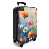 NoBoringSuitcases.com© Hartschalen-Trolley Bunte Blumen gemalt 55x35x20cm, 4 Rollen, Kinder Koffer Klein, Trolley Handgepäck bunt 35 cm x 55 cm x 20 cm