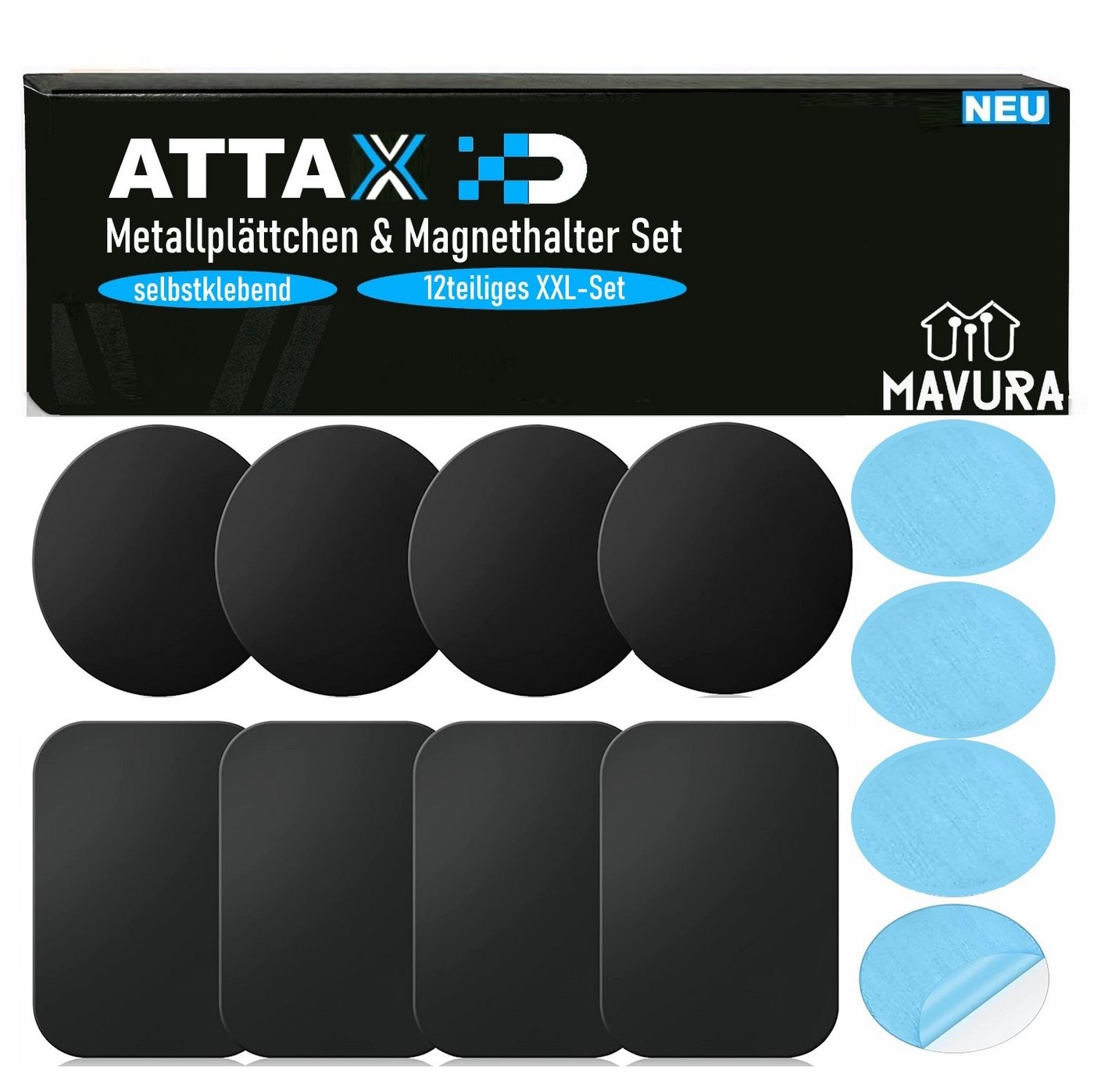 MAVURA Magnethalter ATTAX Metallplättchen mit Magnethalter selbstklebend, für KFZ Handy Smartphone Rauchmelder etc. - XXL Set [12teilig] schwarz