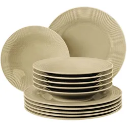 Tafelservice SELTMANN WEIDEN "Teller Set, Geschirr-Set Beat", beige (sandbeige), 12 tlg., Porzellan, Geschirr-Sets, Teller Set, weiß, mit Rillendekor, 12 Teile, für 6 Personen