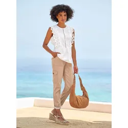 Blusentop HEINE, Damen, Gr. 40, beige (ecru), 100% Baumwolle, unifarben, Rundhals, ohne Ärmel, Blusen