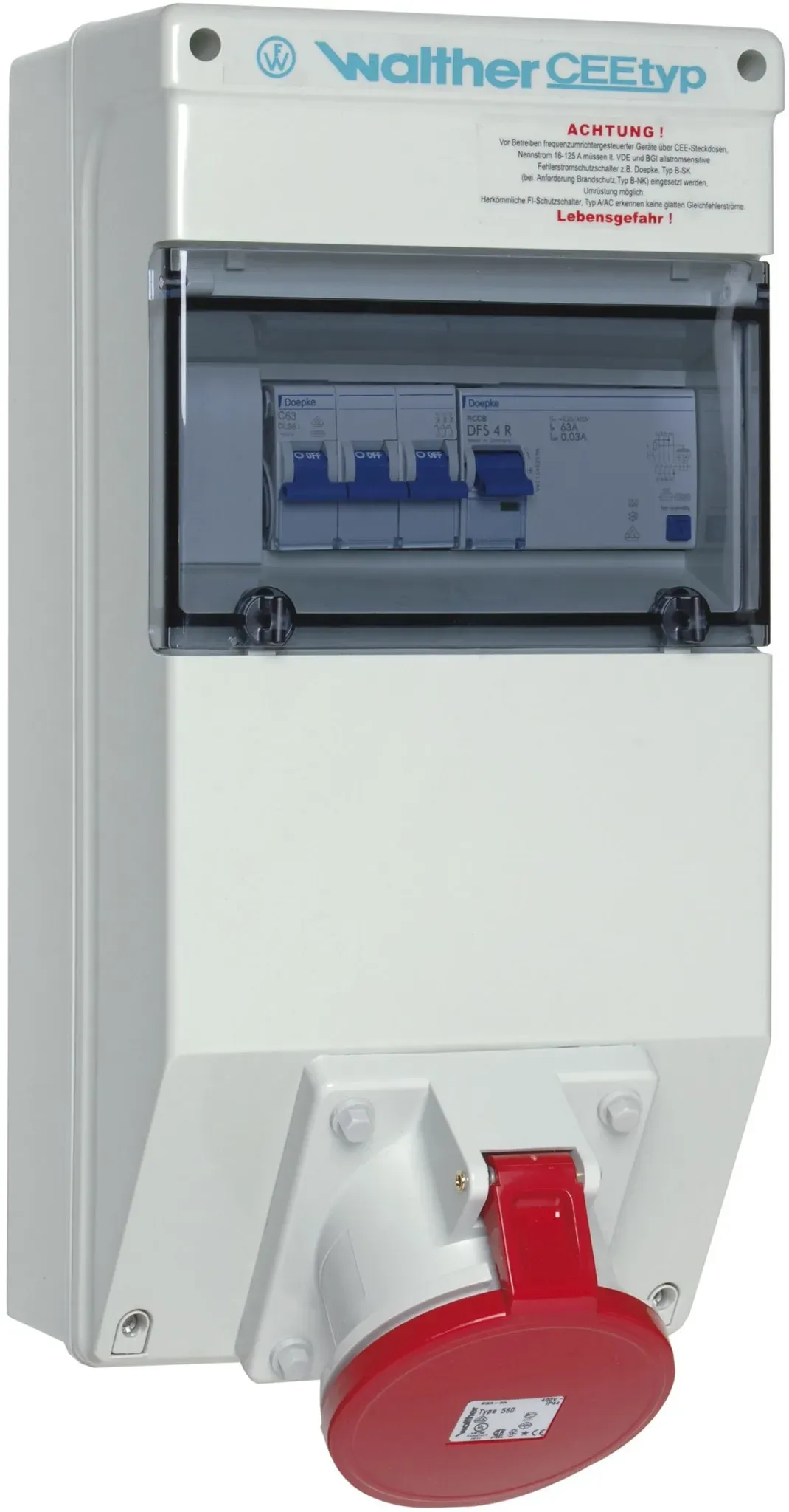 Walther Electric 6982111 Kunststoff-Steckdosenkombination In:, 63A mit einem RCD TypA, einem MCB, einem CEE-Abgang, 63A und Klemmsatz K25, 10P