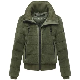 Navahoo Damen Teddy-Fleecejacke warme Winterjacke Plüschjacke mit Rippstrickdetails Schneepuder 14 Olive Leaf Gr. XL - XL