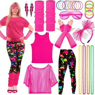 Vautvis 80er Jahre Outfit Damen, 80er Retro Party Outfit, Kostüm Damen 80 er Jahre, Disco Festival Outfits, 90er Kleidung Mit Netzshirt, Leggings, Stirnband, Ohrringe (XL)