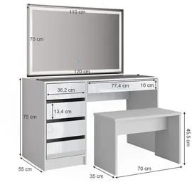 Vicco Schminktisch Sherry Weiß Hochglanz, Frisiertisch LED Spiegel 5 Schubladen Kommode Bank