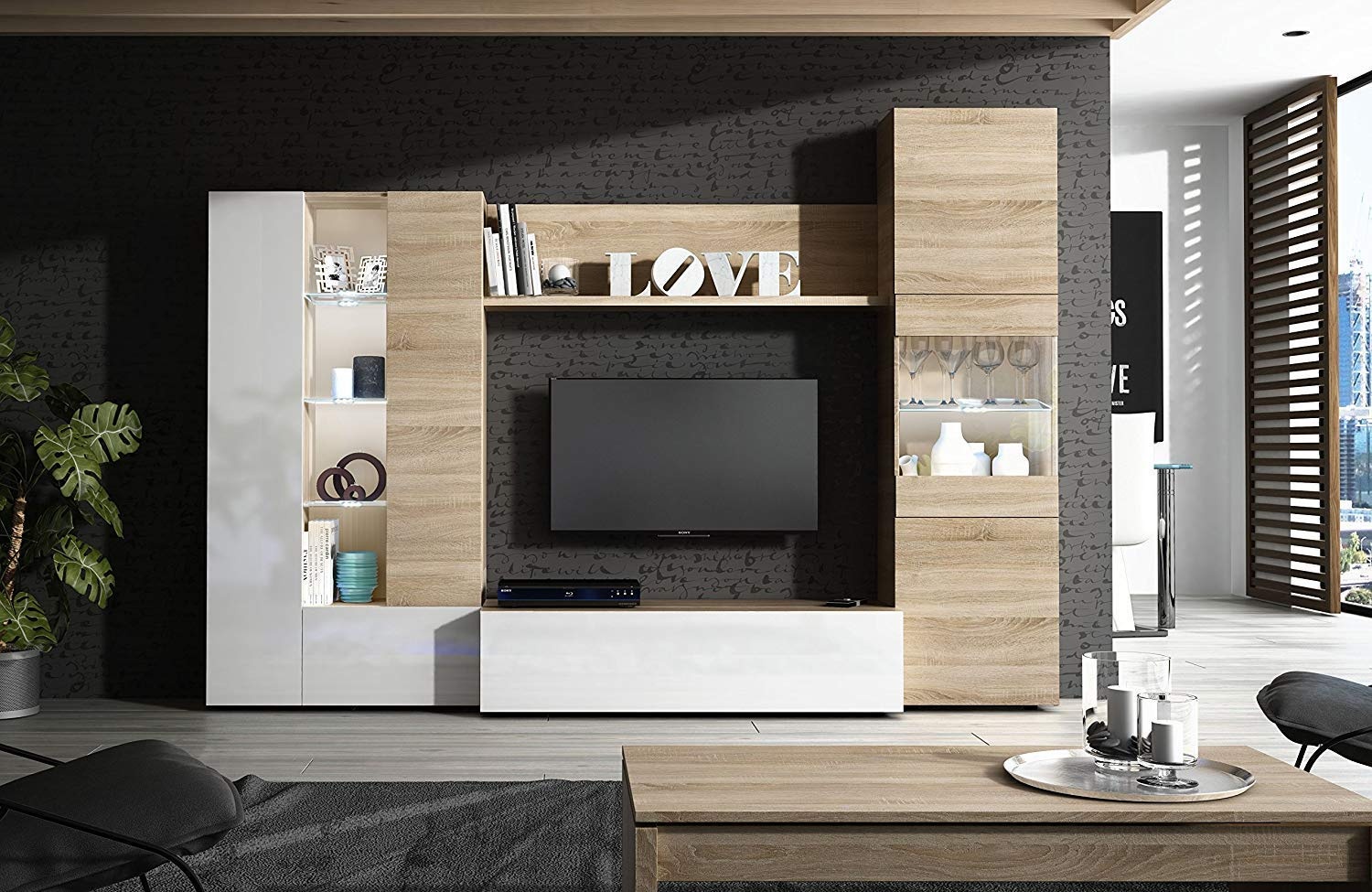 Mobèl Wandschrank TV-Möbel mit Regal, LED-Beleuchtung für Wohnzimmer, Holz, Fernseher, Esszimmer, modernes Design, 260 x 185 x 42 cm, Farbe Weiß glänzend und Eiche