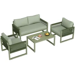 Merax Garten-Loungesessel-Set, Gartenmöbel-Set aus Seil, Loungesessel-Set aus Seil mit Sitzkissen, verstellbaren Füßen, 4er-Set, grün