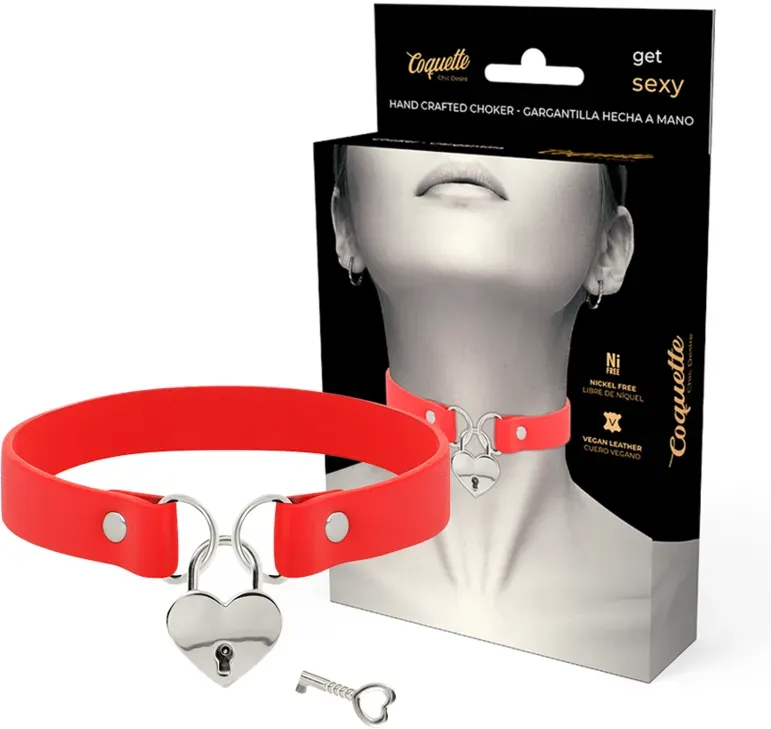 COQUETTE CHIC DESIRE - ROTE HALSKETTE AUS VEGANEM LEDER MIT HERZ-ACCESSOIRE MIT SCHLÜSSEL