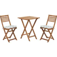 Beliani Balkonset Braun Akazienholz 2 Stühle 1 Teetisch 2 Auflagen im geometrischen Muster Mintgrün Gartenmöbelset - Hellbraun/Grün/Weiß