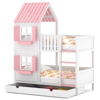 Siblo Etagenbett Etagenbett Haus ANNDY DFP mit Schublade - Etagenbett in Hausform - Etagenbetten - Kinderbetten - Massivholz - HDF - Kinderzimmer (Etagenbett mit Schublade), Ohne Matratze rosa