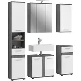 xonox.home Badezimmer BLAKE 5tlg. Kombination Badmöbel Set Set für kleine Bäder Komplettprogramm Badezimmer Bademöbel-Set in weiß Hochglanz, rauchsilber Nachbildung inkl. Beleuchtung