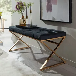 Kadima Design Samt Sitzbank im Chesterfield-Stil, Schwarz, robustes goldfarbenes Metallgestell, üppige Sitzfläche. 90x44x46 cm